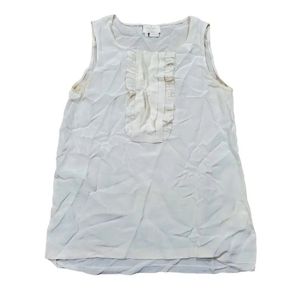 Kate Spade NY Live Colorfully Ruffled Front Sleeveless‎ Top Womens 0 Ivory Silk